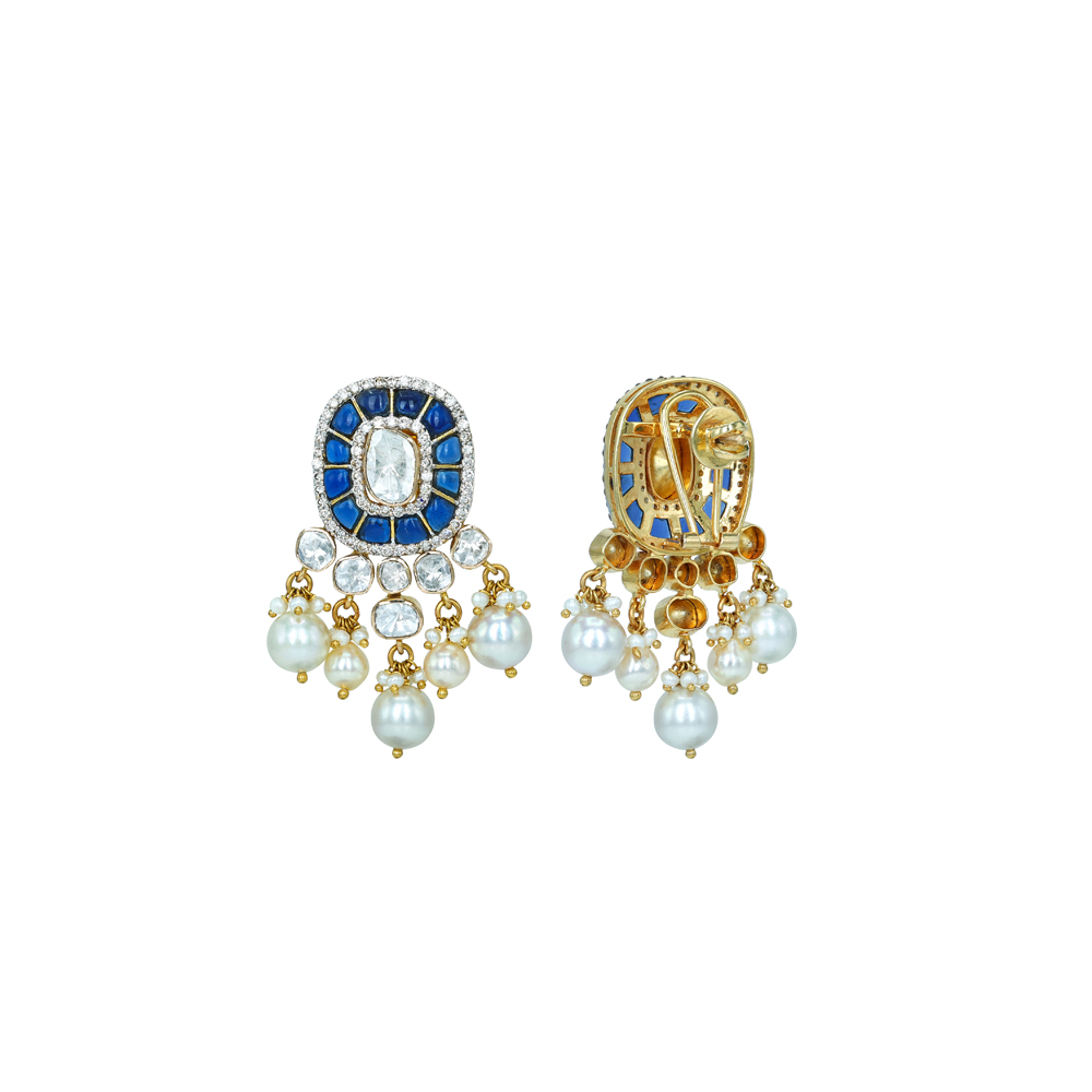 Polki Earrings with Blue Talaf and Pearl Clusters